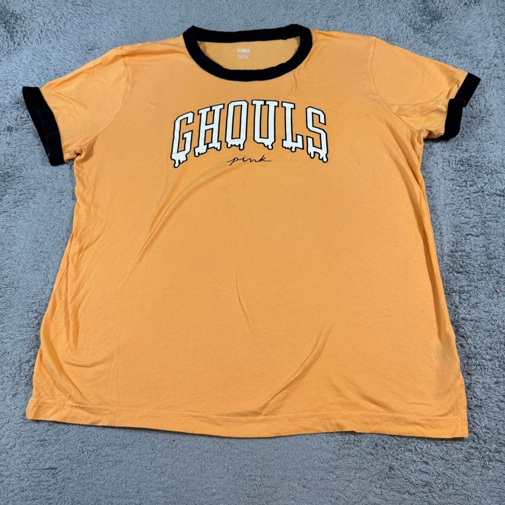 Victoria's Secret PINK Womens Ghouls Ringer T-Shirt XL Orange Halloween Graphic